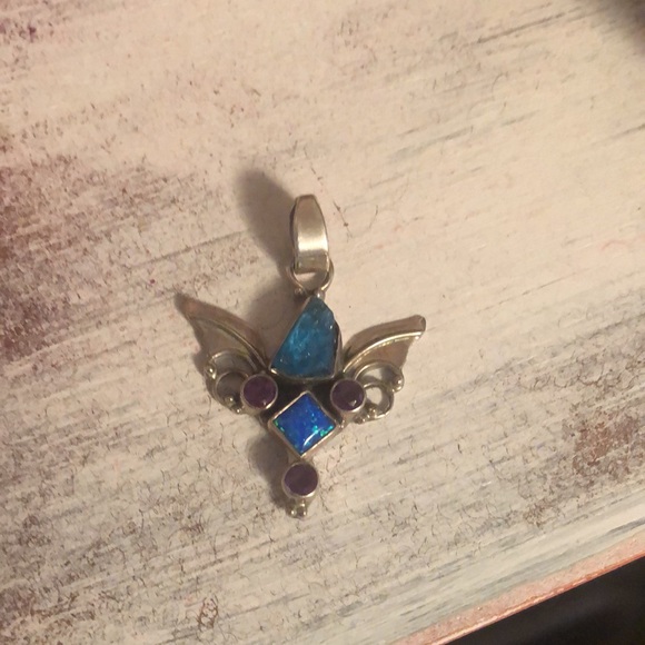 Beautiful Sterling Silver Lab Created Opal with a druzy stone & Amethyst Pendant - Picture 11 of 17